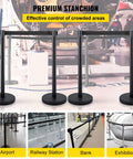 Stanchion Set With 6.6 Ft Black Retractable Belt For Crowd Control, Durable Barrier With Concrete And Metal Base, displayed at an exhibition