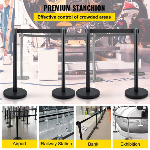 Stanchion Set With 6.6 Ft Black Retractable Belt For Crowd Control, Durable Barrier With Concrete And Metal Base, displayed at an exhibition