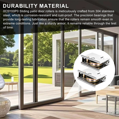 Two Pack 0C5Y00P0 Sliding Patio Door Rollers Compatible With Pella Sliding Patio Doors 1-1/2 Inch Steel Ball Bearing Rollers Adjustable Roller Height For Easy Installation, Reliable Smooth Glide And Long-Lasting Performance, shown installed on glass doors.