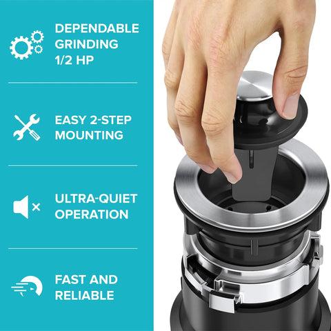 Hand installing 1/2-Horsepower Continuous-Feed Garbage Disposal With Ultra-Quiet Motor, Quick-Connect Mount and Stainless Steel Components.