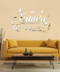Dope 3D Acrylic Mirror Family Wall Decals Silver Finish With Motivational Quote Family Where Life Begins And Love Never Ends Plus Butterfly And Leaf Stickers DIY Removable Wall Art For Home Decor on living room wall above sofa