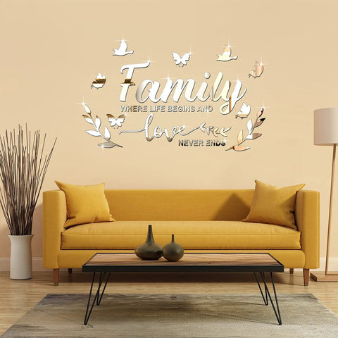 Dope 3D Acrylic Mirror Family Wall Decals Silver Finish With Motivational Quote Family Where Life Begins And Love Never Ends Plus Butterfly And Leaf Stickers DIY Removable Wall Art For Home Decor on living room wall above sofa