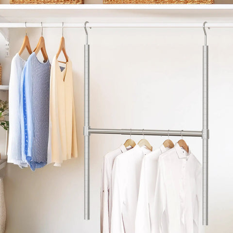 Straight Up Upgrade With This Expandable Chrome Closet Hanging Rod Adjustable Wardrobe Pole For Dorms That Instantly Doubles Your Hanging Storage Holds Heavy Outfits Snugly And Makes Tiny Spaces Work Wonders