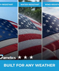 Premium 3X5 Outdoor American Flag Made in USA With Embroidered Stars And Sewn Stripes displaying UV, water, and wind resistance