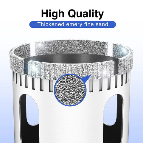 Diamond Drill Bits Hole Saw Kit For Glass And Ceramic Tiles, close-up of diamond-coated blade with emery fine sand detail.