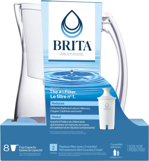 8 Cup Water Filter Pitcher With Standard Filter BPA Free For Clean Fresh Water At Home Easy Pour Space Saving Family Friendly