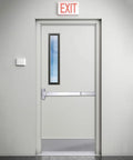 Job Site Ready 304 Stainless Steel Push Bar Panic Exit Device With Exterior Lever Handle UL10C Ansi Grade 1 Certified mounted on white exit door.