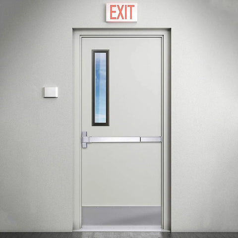 Job Site Ready 304 Stainless Steel Push Bar Panic Exit Device With Exterior Lever Handle UL10C Ansi Grade 1 Certified mounted on white exit door.