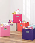 Pink Folding Storage Bins With Handles, Cube Organizer Set Of 2 for Closet, Bedroom or Playroom holding toys and books