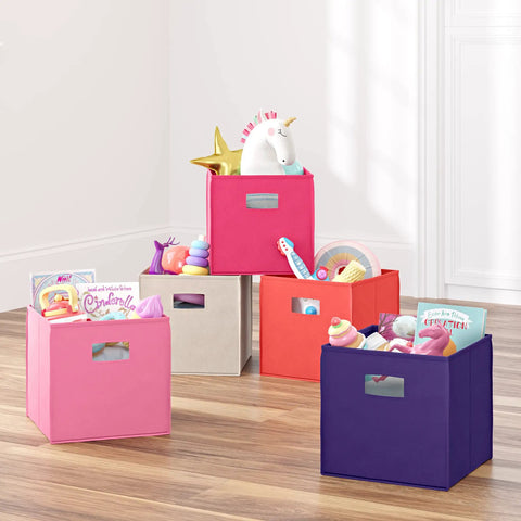 Pink Folding Storage Bins With Handles, Cube Organizer Set Of 2 for Closet, Bedroom or Playroom holding toys and books