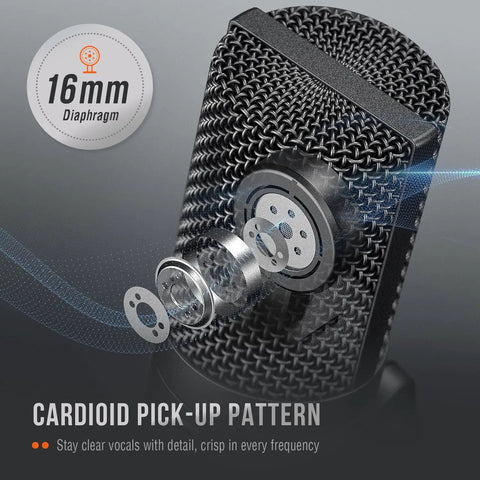 Close-up of USB Condenser Microphone For Mac And Windows, Plug And Play Cardioid USB Mic with 16mm diaphragm and metal mesh grille.