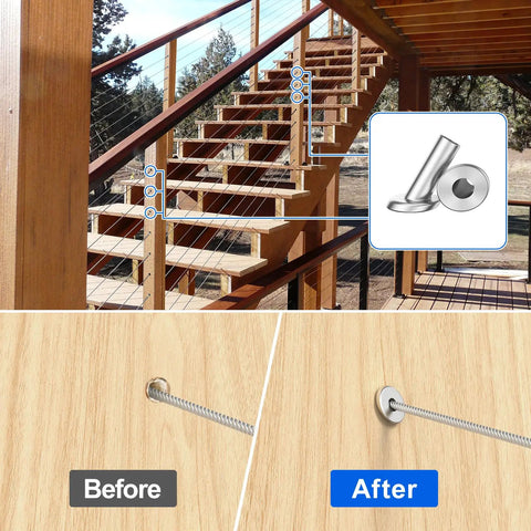 40 Pack Angle Beveled Protector Sleeves For Stair Cable Railing installation on wood post with before and after comparison