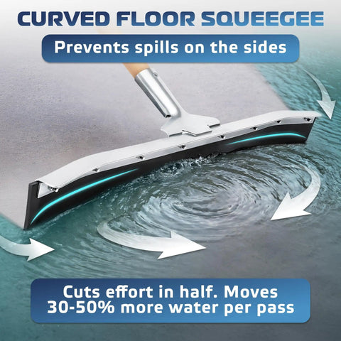 Curved Floor Squeegee 24 Inch With Rubber Blade For Garage Use on wet surface, showing water removal toward drains.