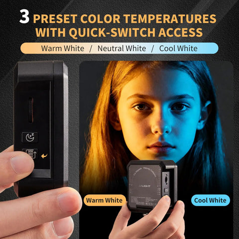 Magnetic LED Video Light For Content Creators showing warm and cool white presets on subject's face, with 2500K to 9000K brightness range.