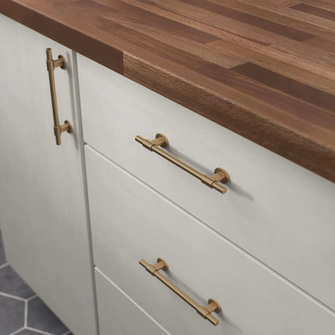 Champagne Bronze Adjustable Drawer Pulls 5 Pack Gold Cabinet Handles for Cupboards and Dressers Fits One And Three Eighths To Six And Five Sixteenths Inch Hole Centers Adjusta-Pull on white drawers