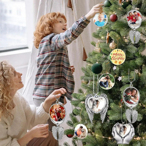 Child decorating Christmas tree with Sublimation Angel Wing Ornament Blanks Set With Metal Love Heart Pendant For Easy Personalization.
