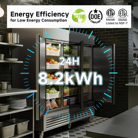 Rock Solid 72 Cubic Foot Commercial Reach In Fridge With Plug And Play Smart Wifi App Control 82 Inch showing energy efficiency 8.2kWh.