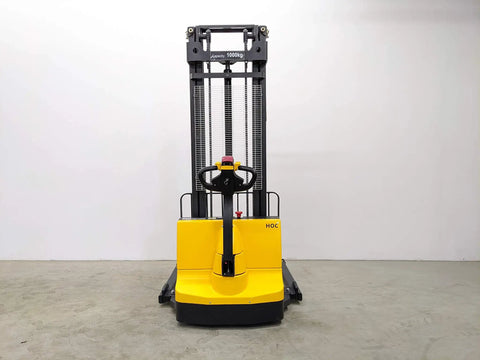 Built Tough Electric Wide Leg Pallet Stacker Heavy Lifter With 2204 Lbs Capacity And 130 Inch Lift Featuring Maintenance Free Battery 110V Us Plug Speed Control And Three Year Warranty Yellow front view