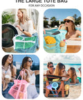 People using 40L Mesh Beach Tote Bag with sandproof quick-dry mesh and waterproof pocket for family getaways by the pool and beach.