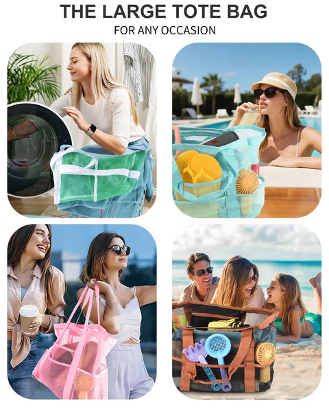 People using 40L Mesh Beach Tote Bag with sandproof quick-dry mesh and waterproof pocket for family getaways by the pool and beach.