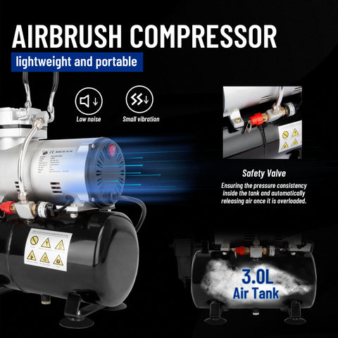 Oil Free Airbrush Compressor AS186 With 3L Tank Regulator And Moisture Trap Portable Quiet 47 dB shown in operation