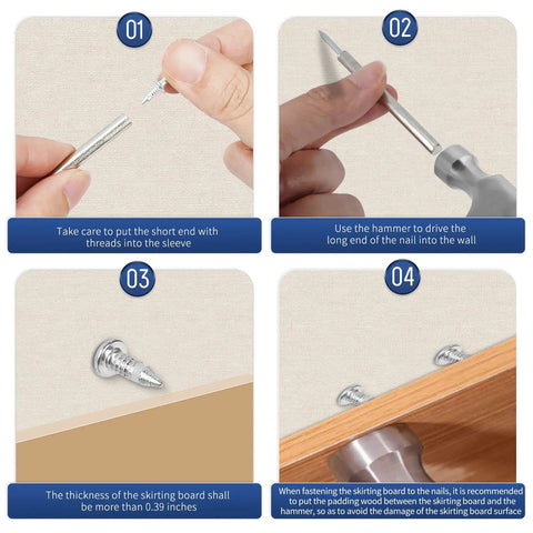 Instructions for using 600 Piece Double Headed Skirting Nails 45 Gauge Galvanized Steel Rust Resistant fasteners for baseboard.
