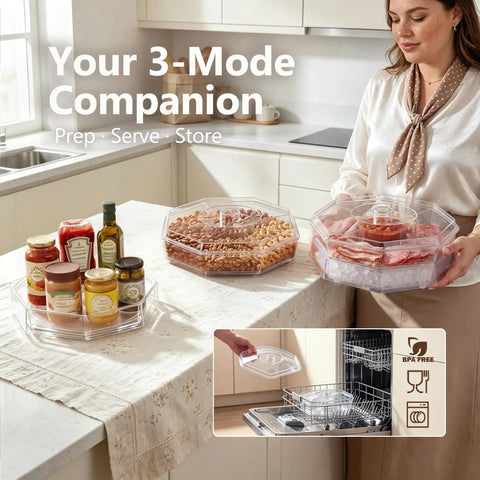 Five Compartment Chilled Serving Lazy Susan With Secure Hinged Lid, Divided Plastic Condiment Caddy For Shrimp Buffets on table.