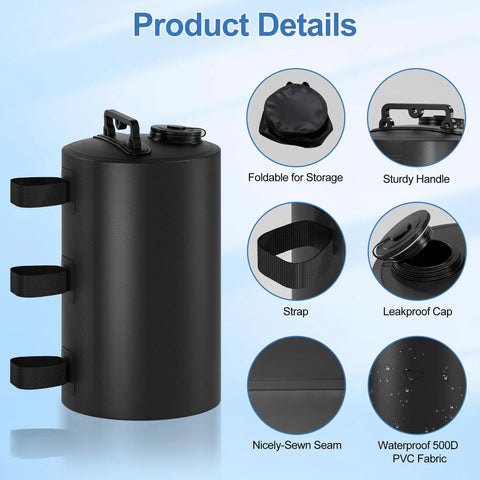Heavy Duty Canopy Water Weights Bags 88 Lb Tent Anchors 10L Water Bags details showing handle, strap, and leakproof features