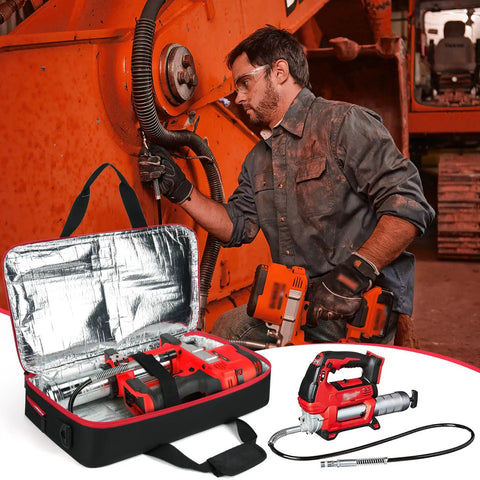 Man using a grease gun with Grease Gun Case For Milwaukee And DeWalt Kits Portable Carrying Bag With Battery And Charger Pockets.