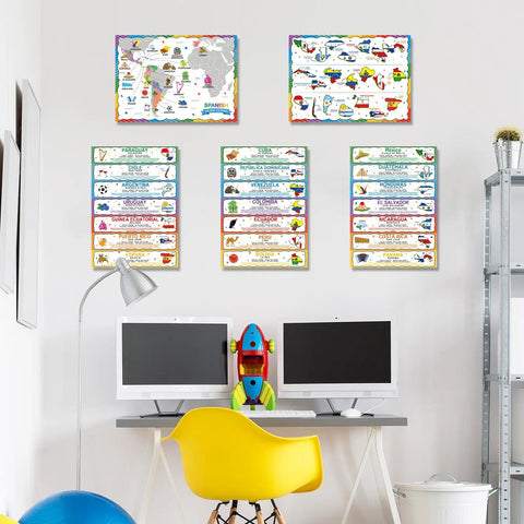 Classroom wall with Five 12 By 18 Inch Spanish Speaking Countries Poster Set With Map For ESL Classrooms including decor.