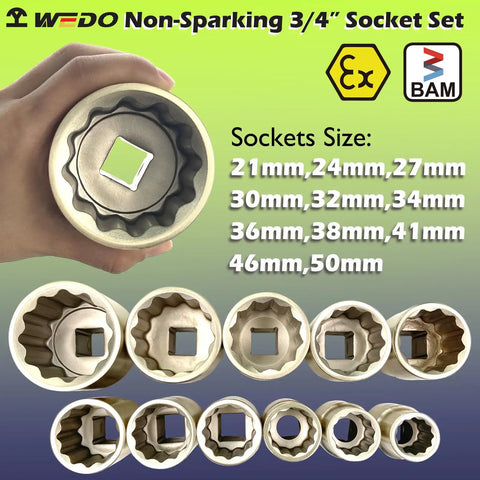 Non Sparking Three Quarters Inch Socket Set, 14-Piece Aluminum Bronze Hazardous Area Tools with socket sizes listed.