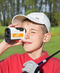 Boy using rangefinder with Custom Metallic Black Golf Club Labels With Silver Text near golf course