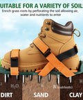 Adjustable Lawn Aerator Shoes with heavy duty spikes on tan boot with secure hook loop straps for grass and garden use
