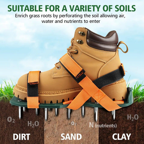 Adjustable Lawn Aerator Shoes with heavy duty spikes on tan boot with secure hook loop straps for grass and garden use