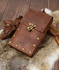 No Cap Brown Faux Leather Belt Pouch And Coin Purse Set For Ren Faire Medieval Festival Halloween Waist Bag featuring brass studs.