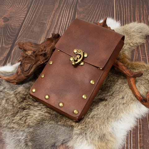 No Cap Brown Faux Leather Belt Pouch And Coin Purse Set For Ren Faire Medieval Festival Halloween Waist Bag featuring brass studs.