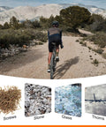 Cyclist on a rocky path with inset images showing screws, stone, glass, and thorns; Four Pack 26 Inch Bike Tire Liners For Puncture Proof PU Inner Tube Flat Protection For Mountain And Road Bikes No Fuss Install And Stay In Place Transparent.