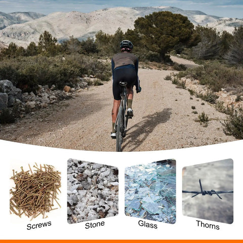 Cyclist on a rocky path with inset images showing screws, stone, glass, and thorns; Four Pack 26 Inch Bike Tire Liners For Puncture Proof PU Inner Tube Flat Protection For Mountain And Road Bikes No Fuss Install And Stay In Place Transparent.