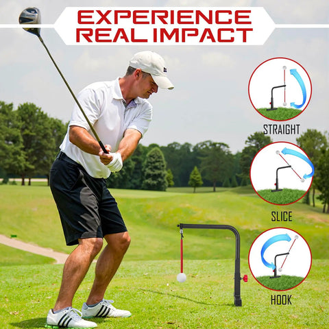 Durable Iron Golf Swing Trainer For Kids And Teens, A Kid Friendly Practice Swing Aid With Replacement Ball Included in use by a golfer