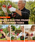 Person using Cordless Electric Pruning Shears with 2.1 Inch Cutting Capacity on fruit trees in garden setting.