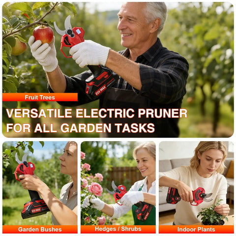 Person using Cordless Electric Pruning Shears with 2.1 Inch Cutting Capacity on fruit trees in garden setting.