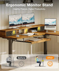 Rustic Brown 59 Inch L Shaped Electric Standing Desk With Drawers, Smooth Height Adjustment To 46 Inches, Quiet Lift System And Programmable Memory Buttons For Home Office Ergonomic Workspace Setup with dual monitors and ergonomic features.