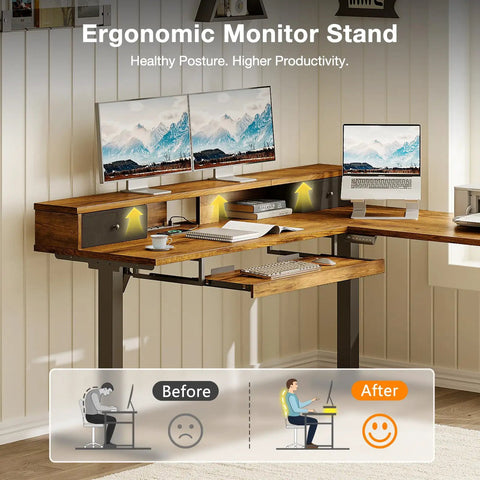 Rustic Brown 59 Inch L Shaped Electric Standing Desk With Drawers, Smooth Height Adjustment To 46 Inches, Quiet Lift System And Programmable Memory Buttons For Home Office Ergonomic Workspace Setup with dual monitors and ergonomic features.