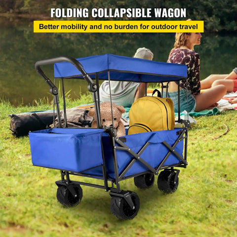 Heavy Duty Collapsible Wagon With Removable Canopy 220 lb capacity foldable beach wagon with big rugged wheels at campsite