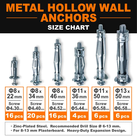 Heavy Duty Hollow Wall Anchors Kit For Drywall Multi Size Screw Set 68 Piece Assortment Size Chart Display Zinc Plated