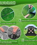 Steps to install 10x7Ft Golf Net With Practice Mat For Backyard Driving Chipping And Swing Practice, including rods and pegs.