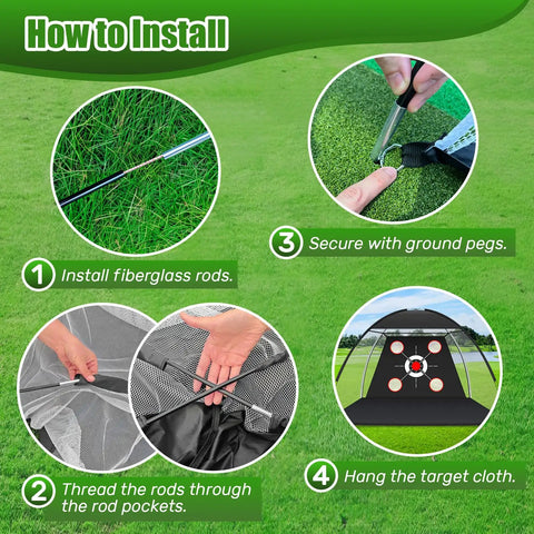 Steps to install 10x7Ft Golf Net With Practice Mat For Backyard Driving Chipping And Swing Practice, including rods and pegs.