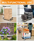Premium Heavy Duty Rectangular Wood Platform Dolly With Handle For Moving Furniture, shown hauling boxes, luggage, plants, and groceries.