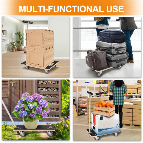 Premium Heavy Duty Rectangular Wood Platform Dolly With Handle For Moving Furniture, shown hauling boxes, luggage, plants, and groceries.