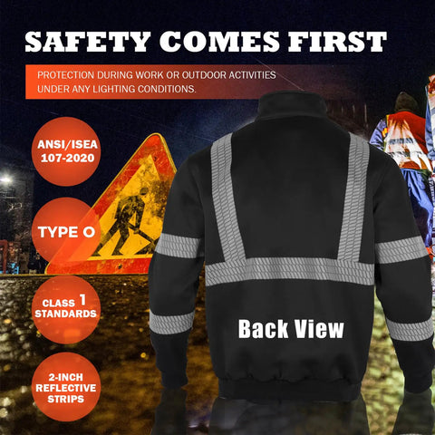 Back view of black High Visibility Fleece Hoodie For Men With 360 Reflective Strips ANSI Class 3 Type R Safety Sweatshirt